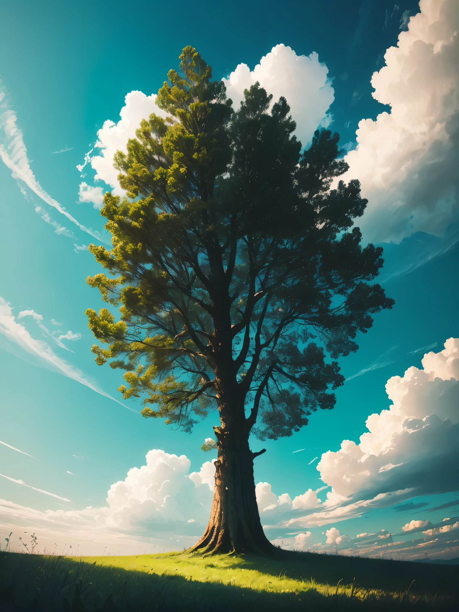 there is a lone tree in the middle of a field, strange trees and clouds, view from below, very low angle photograph, viewed from below, looking up to the sky, towering high up over your view, with a tall tree, looking from slightly below, trees in foreground, maritime pine, looking to the sky, a tall tree, nature and clouds in background