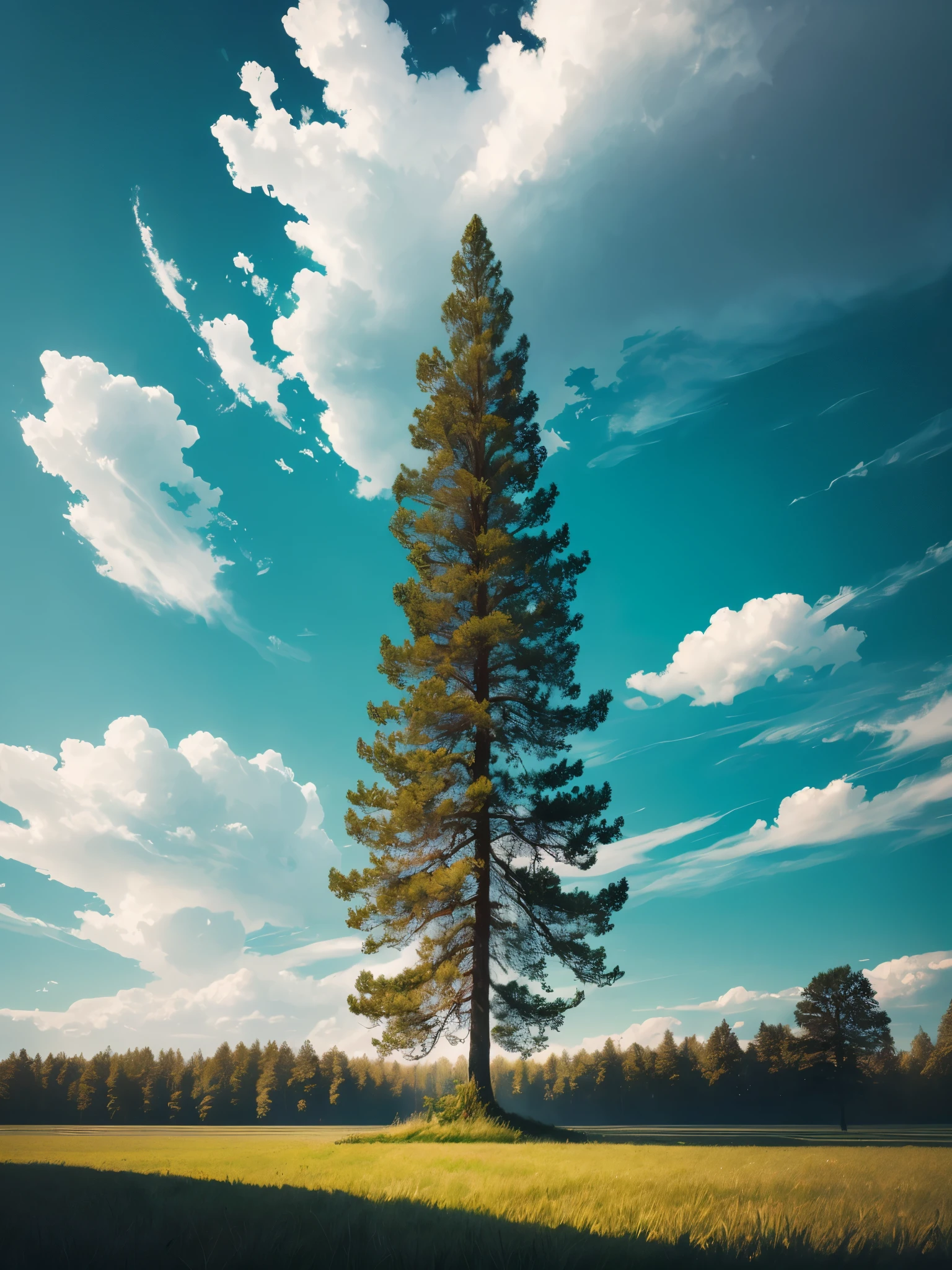 there is a lone tree in the middle of a field, a picture inspired by Alexander Nasmyth, unsplash, surrealism, strange trees and clouds, view from below, very low angle photograph, viewed from below, looking up to the sky, towering high up over your view, with a tall tree, looking from slightly below, trees in foreground, maritime pine