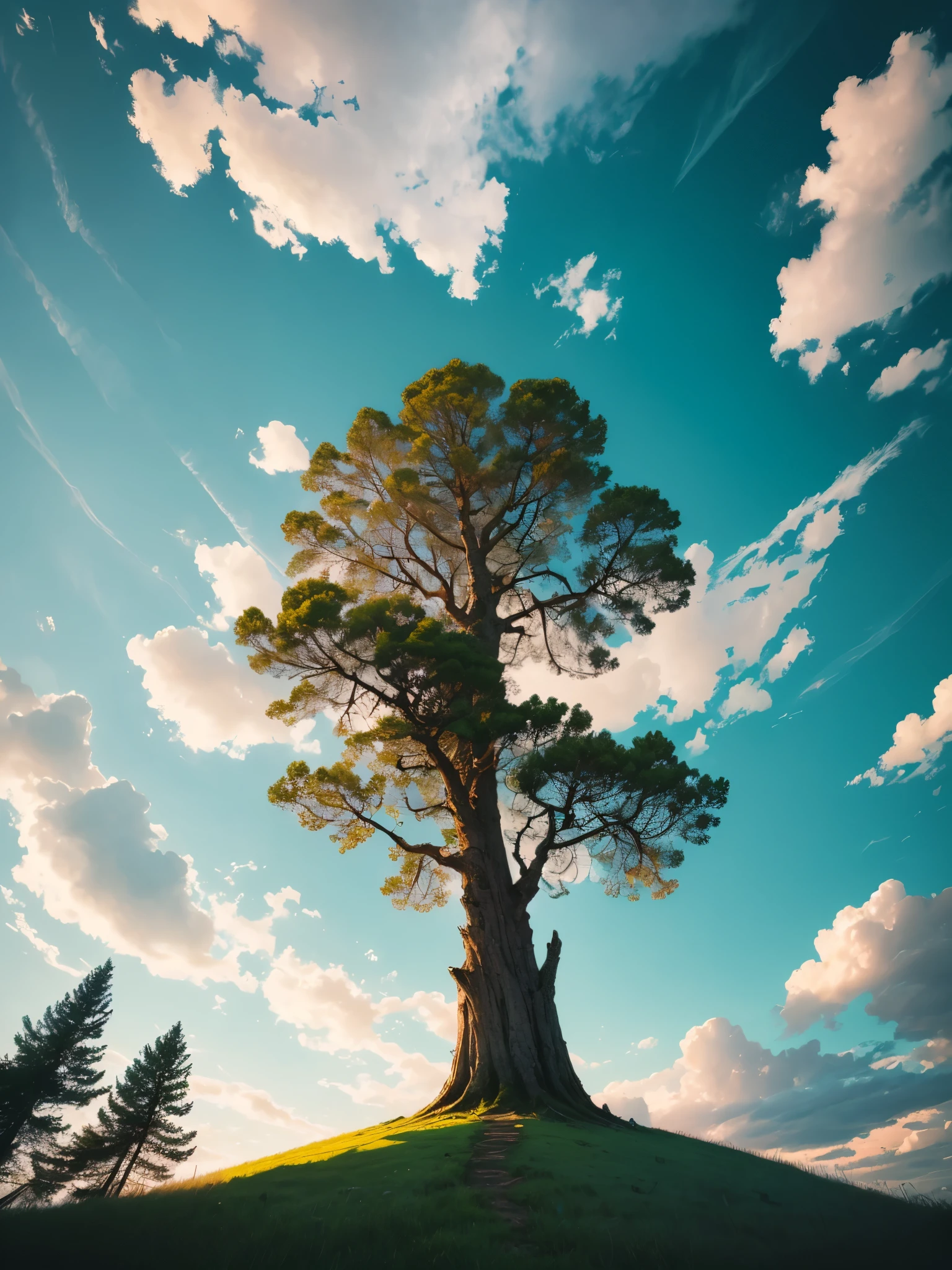 there is a lone tree in the middle of a field, a picture inspired by Alexander Nasmyth, unsplash, surrealism, strange trees and clouds, view from below, very low angle photograph, viewed from below, looking up to the sky, towering high up over your view, with a tall tree, looking from slightly below, trees in foreground, maritime pine