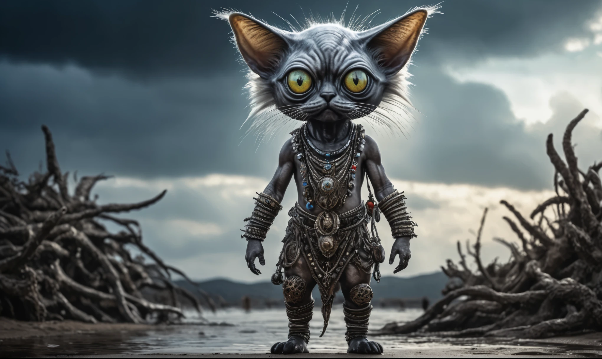 full body length shot,nerd graphite Alien Entity,native africa slave ,azctec Finnish Lapland,Cinematic,soft colors, Technicolor,natural skin textures, hyper realism, hyper detailed,Extremely detailed,High contrast,Masterpiece,Realistic,Ultra Detailed, intricate details,realistic humid leather,extremely intricate details,Epic Realistic, cinematic style, irina yermolova,high contrast,hdr,extremely detailed,day landscape,masterpiece, intricate details, eyes extremely detailed, high detailed eyes,8k resolution,retina, Nikon Z9,Korea,orc,Egypt, Pisces, transition between two art styles,full body length, Double contact, X-ray, Creative, vivid light, fantasy, Abstract, Surrealism, super detailed, high resolution,insanity national folk wear,skin almost translucent, gothic elements,Mestichino,Light particles,chaos,starfish's leather,"(The best lighting, dark, dramatic),(Persian alien cat half-skull fetus, Hellraiser, Scars, , psy brain,terror.),(fish eyes, calaveras