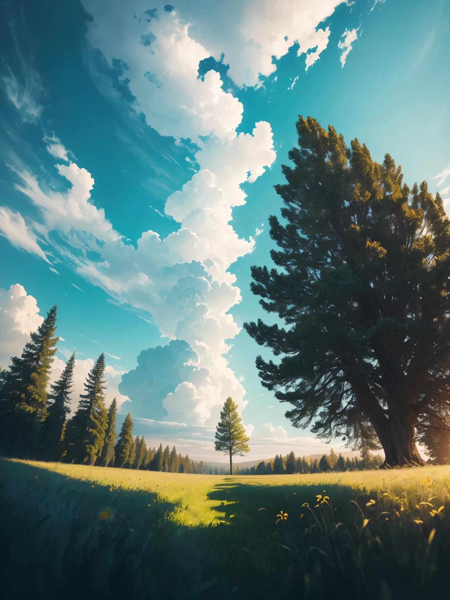 there is a lone tree in the middle of a field, strange trees and clouds, view from below, very low angle photograph, viewed from below, looking up to the sky, towering high up over your view, with a tall tree, looking from slightly below, trees in foreground, maritime pine, looking to the sky, a tall tree, nature and clouds in background