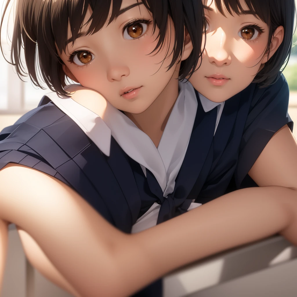 Highest quality, Face Focus, Soft Light, Ultra-high resolution, (Realistic:1.4), RAW Photos, 1 Japanese girl, alone, cute, (A shy smile:0.5), (Brown eyes, Light in your eyes), Beautiful face in every detail, (Small box),(High resolution detail of human skin texture), (Short Bob Hair), break, In the classroom,Navy uniform, Best, skirt
