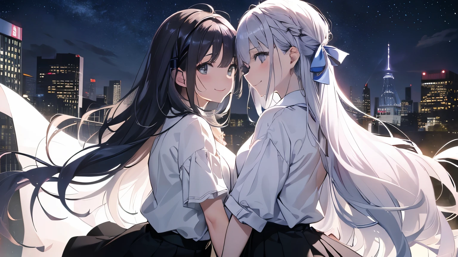 The two of us met by chance、Stardust Night、Excitement、woman(Silver Hair、Long Hair、Hair Ribbon、White blouse、Black Skirt、smile、fluffy breastale(Black Hair、cool、White shirt、smile)、A maze of a city、Two people gazing at each other、Whisper Love
