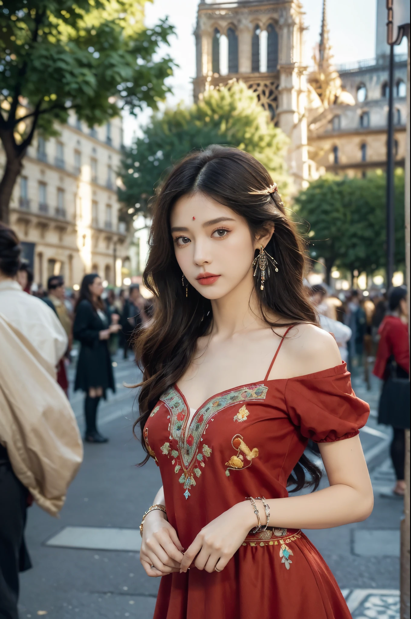 (((best quality))),(((ultra detailed))),(((masterpiece))),illustration,((1 beautiful girl,female Gypsy dancer,solo)),(shoulder length wavy bob hair:1.2),((slim,thin)),((small breasts,flat chest)),(detailed eyes:1.3),(Bohemian style embroidered red dress:1.5),(short sleeves:1.2),((earrings)),mystery,charm,(standing:1.3),(slender legs:1.2),(On the square outside Notre Dame Cathedral in Paris:1.5),(ancient Paris:1.2),traditional attire,vendors,fruits,handcrafted objects,pastries,bakeries,spire,Gothic architecture,sunlight,ethereal glow,busy cityscape,out of place,free spirit,creativity,lost in thoughts,dreams,possibilities,bygone era,snapshot,essence,magic of summer,(day scene:1.3),(outdoor:1.3),(surrounded by crowded crowds:1.3),((from front,upper body))