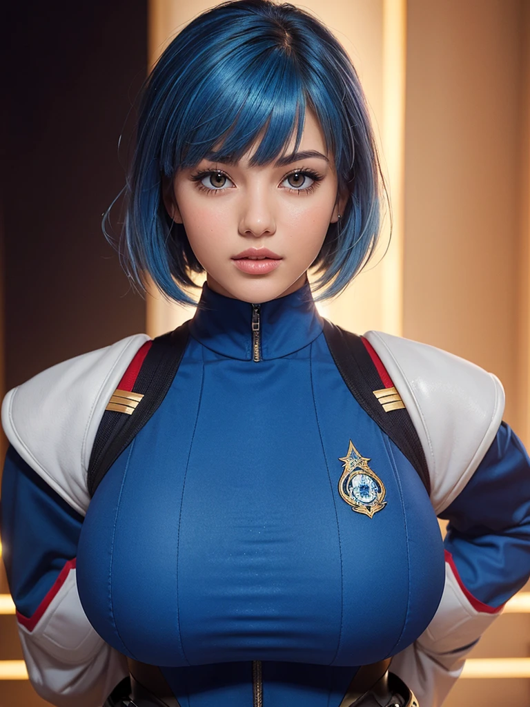 (April girl with beautiful  lines wear :1.3),(hyper star  :1.3),(gigantic  breasts with future:1.2), (skelton uniform with emblem:s1.3),(beautiful shiny skin:1.3),(bangs:1.2),(blue hair color:1.2),(empty hurt:1.3)