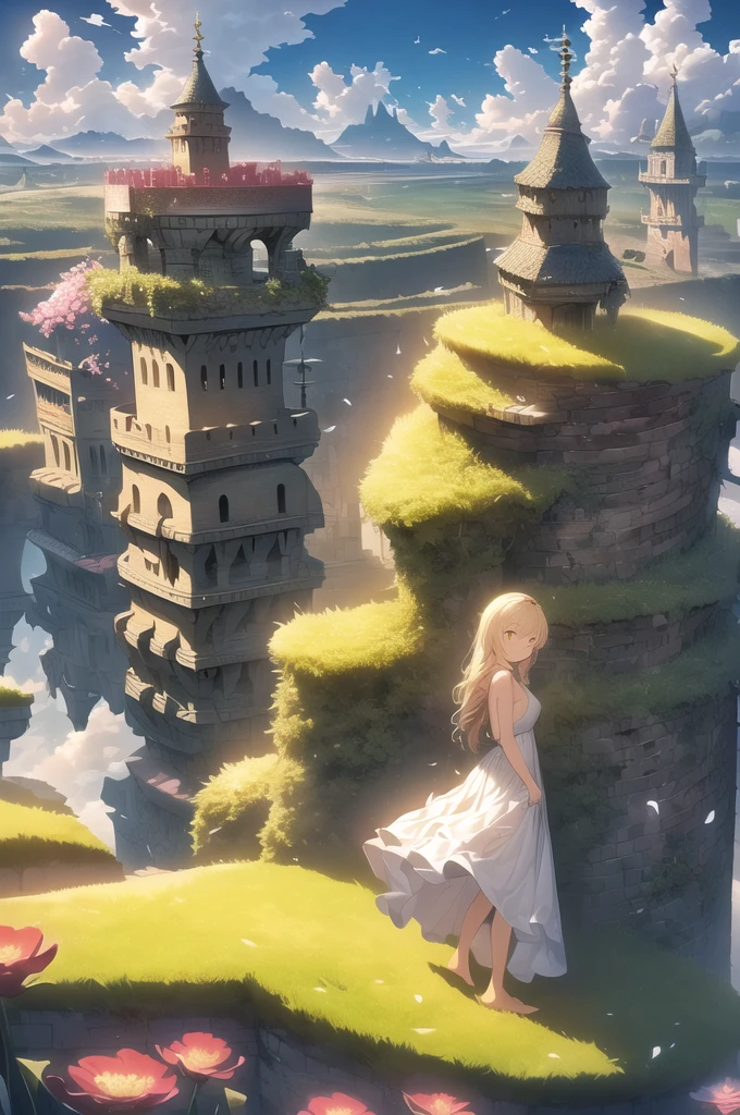 (Extremely detailed floating city:1.3), ((1 detailed mirage-castle floats above the clouds)and(Detailed floats minarets illusion, detailed floats belfry illusion)and(Highly transparent mirage)and(Detailed view of the base of the Mirage castle)),ultra-detailed,extremely detailed and beautiful, sky and white cloud and sunset glow background,ultra-detailed birds, (floating city in bloom, Floating petals, blooming gardens in the sky, many vines on the wall:1.2)
Imagination, dream
/=
1 girl, (1 girl at floating city:1.3), (solo), (Super wide Angle lens), (back), behind head, white dress, (full body), (bare feet), (Backless dress), the girl away from camera, Holy Light,