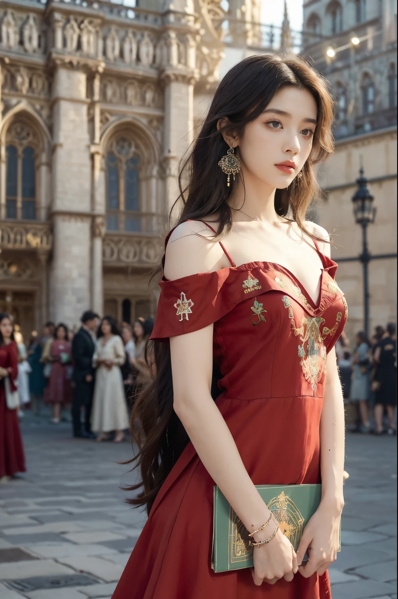 (((best quality))),(((ultra detailed))),(((masterpiece))),illustration,((1 beautiful girl,female Gypsy dancer,solo)),(shoulder length wavy bob hair:1.2),((slim,thin)),((small breasts,flat chest)),(detailed eyes:1.3),(Bohemian style embroidered red dress:1.5),(short sleeves:1.2),((earrings)),mystery,charm,(standing:1.3),(slender legs:1.2),(On the square outside Notre Dame Cathedral in Paris:1.5),(ancient Paris:1.2),traditional attire,vendors,fruits,handcrafted objects,pastries,bakeries,spire,Gothic architecture,sunlight,ethereal glow,busy cityscape,out of place,free spirit,creativity,lost in thoughts,dreams,possibilities,bygone era,snapshot,essence,magic of summer,(day scene:1.3),(outdoor:1.3),(surrounded by crowded crowds:1.3),((from front,upper body))