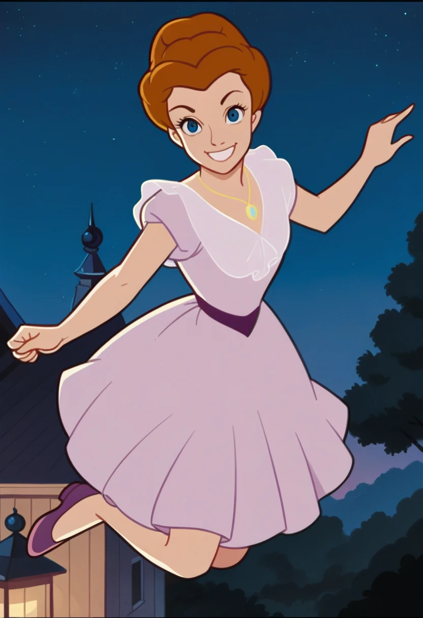 score_9, score_8_up, score_7_up, mary_darling, blue_eyes, brown_hair, updo, lavender_dress, golden_necklace, looking at viewer, smile, full body, flying in air, in night sky, happy smiling face