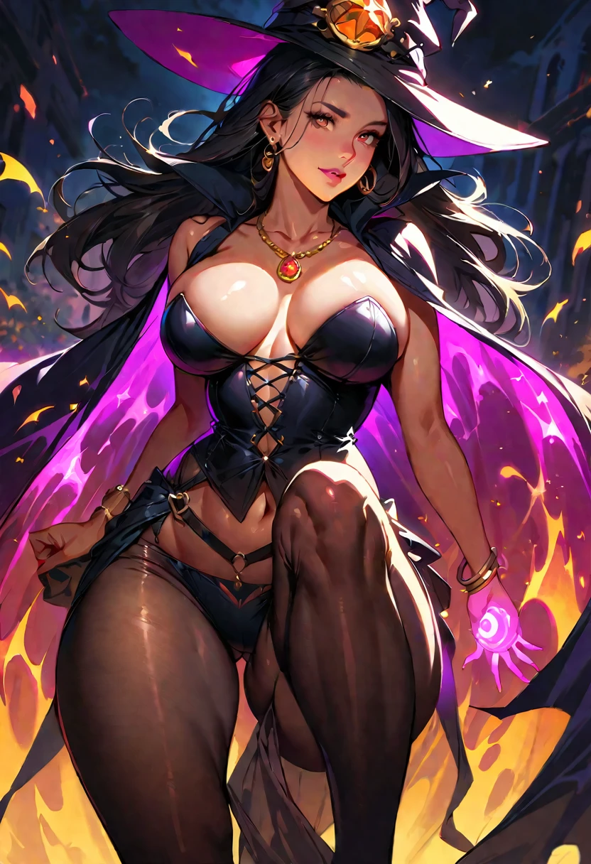 1 mature beautiful woman,(Highest quality,Extremely detailed depiction,Incredibly absurd high resolution,Anatomically accurate depiction,Curvy Legs),(Glowing Skin,Shiny skin),(Bewitching witch),(Sexy witch costume,Black Pantyhose,Luxury accessories,Earrings,necklace,Bracelet),eyelash,(Ku&#39;s Eyes,Half-closed eyes:1.3,Crazy Eyes,There is cleavage in the chest,Wicked Smile,Glossy lipstick,Flashy makeup,eye shadow,eyeliner,mascara,Seductive gestures),whole body