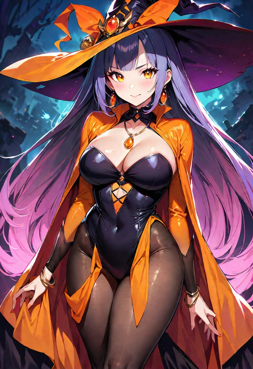 1 mature beautiful woman,(Highest quality,Extremely detailed depiction,Incredibly absurd high resolution,Anatomically accurate depiction,Curvy Legs),(Glowing Skin,Shiny skin),(Bewitching witch),(Sexy witch costume,Black Pantyhose,Luxury accessories,Earrings,necklace,Bracelet),eyelash,(Ku&#39;s Eyes,Half-closed eyes:1.3,Crazy Eyes,There is cleavage in the chest,Wicked Smile,Glossy lipstick,Flashy makeup,eye shadow,eyeliner,mascara,Seductive gestures),whole body