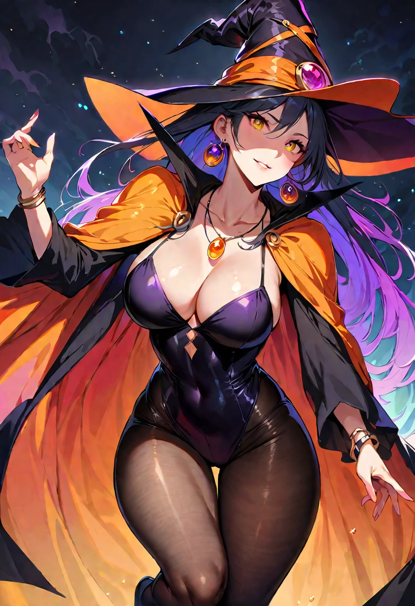 1 mature beautiful woman,(Highest quality,Extremely detailed depiction,Incredibly absurd high resolution,Anatomically accurate depiction,Curvy Legs),(Glowing Skin,Shiny skin),(Bewitching witch),(Sexy witch costume,Black Pantyhose,Luxury accessories,Earrings,necklace,Bracelet),eyelash,(Ku&#39;s Eyes,Half-closed eyes:1.3,Crazy Eyes,There is cleavage in the chest,Wicked Smile,Glossy lipstick,Flashy makeup,eye shadow,eyeliner,mascara,Seductive gestures),whole body