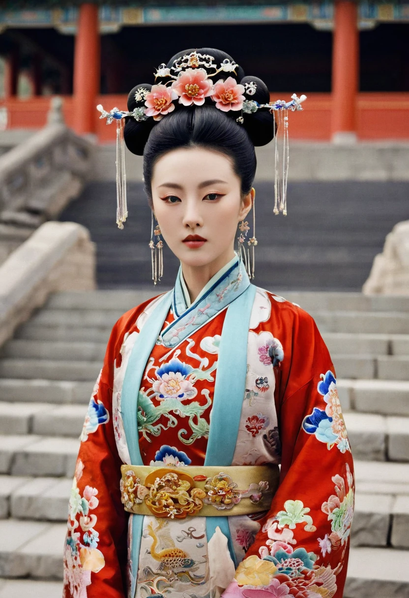 The Qing Dynasty Empress, standing in front of the crowd, had a large chest, thick hair, and hair from her lower abdomen. Her hair was tied up and pulled up, with a gorgeous flower ornament on both sides.、A perverted, erotic woman wearing the crown of a Qing Dynasty empress. The background is the stone paving of a Chinese palace during the Qing Dynasty.