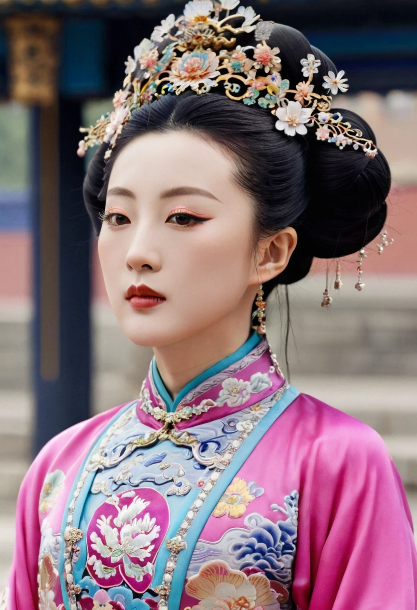 The Qing Dynasty Empress, standing in front of the crowd, had a large chest, thick hair, and hair from her lower abdomen. Her hair was tied up and pulled up, with a gorgeous flower ornament on both sides.、A perverted, erotic woman wearing the crown of a Qing Dynasty empress. The background is the stone paving of a Chinese palace during the Qing Dynasty.