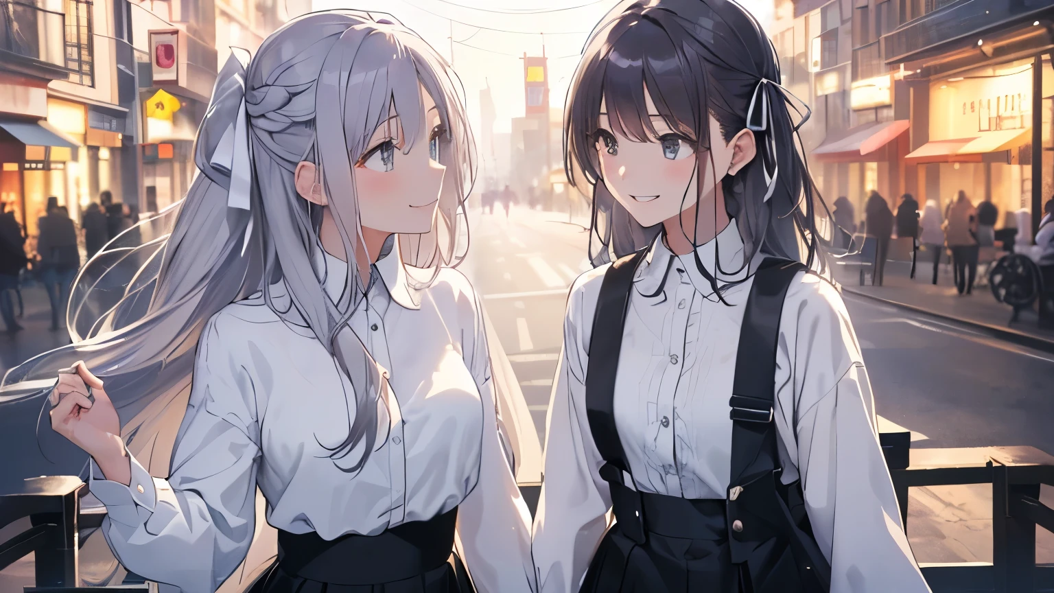 The two of us met by chance、Stardust Night、Excitement、woman(Silver Hair、Long Hair、Hair Ribbon、White blouse、Black Skirt、smile、fluffy breastale(Black Hair、cool、White shirt、smile)、A maze of a city、Two people gazing at each other、Whisper Love