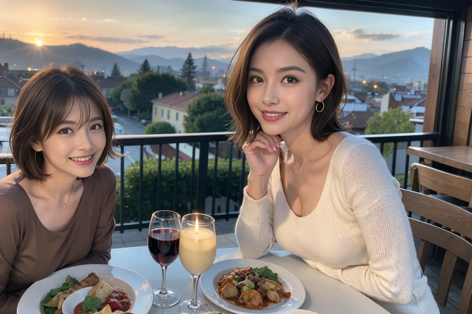 (Realistic:1.1),(masterpiece,Highest quality),8k,(49 years old), 47 years old, Model Couple、actress/actor、Tight waist,Upper Body,full-course dinner、wine 、Amazing view of the sunset sky and clouds、Perfect Anatomy, Brown Hair, short hair,Random Hairstyles,((Highly detailed face and eyes:1.2)),Perfect golden ratio face,Long sleeve shirt、dress,(smile:1.2)、Shortcuts、cute、(Realistic, Intricate details:1.2), A bright smile、short hair,Bright Face、赤wine 、Appetizers、Italian food、wine bottle、Champagne、スパークリングwine、(slimな顔), (The body is slim), (Brown Hair), (Shortcuts), Upper Body, 白wine, slim, wineグラス,