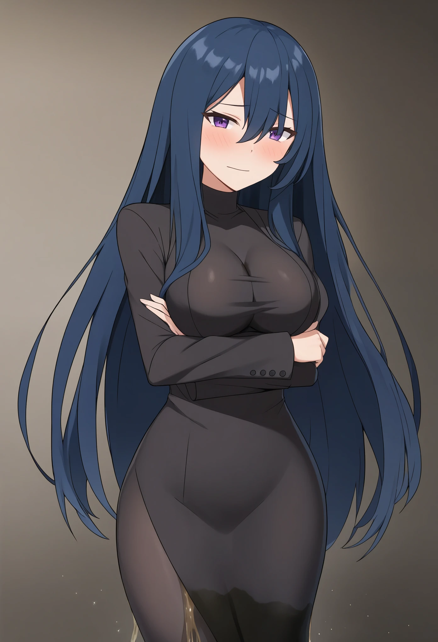 (high quality,Very detailed:1.37, High resolution), Woman, pokemoncynthia, large breasts, (very dark blue hair:1.5), hair over one eye, long hair, purple eyes, black coat, black dress, very long dress, skintight dress, transparent dress, panties visible through clothes, coat, looking at viewer, masterpiece, best quality, (wetting herself:1.5), (embarrassed:1.5), (humiliation:1.5), (sweating:1.25), (blushing:1.5), (standing:1.5), (arms crossed:1.5)