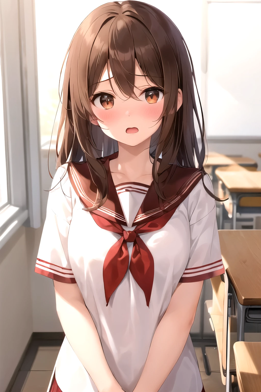 What is, One girl, alone, Brown Hair, Parted bangs, amount, Brown eyes, blush, surprised, Open your mouth, Seraphim, Sailor collar, Red neckerchief, Upper Body, View your viewers, Short sleeve, sunlight, indoor, classroom,