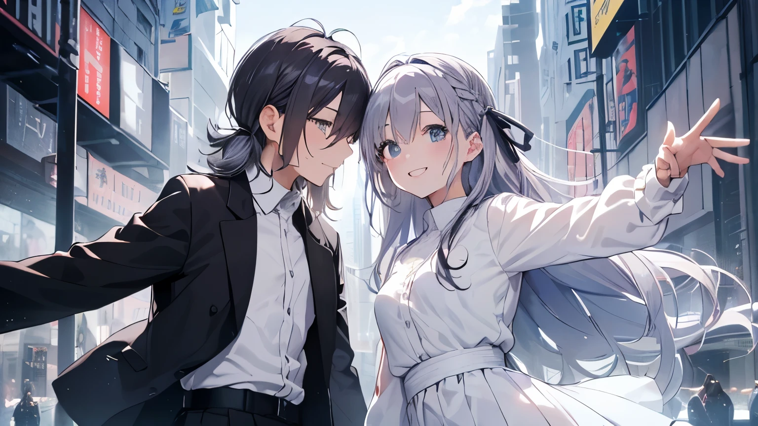 The two of us met by chance、Stardust Night、Excitement、woman(Silver Hair、Long Hair、Hair Ribbon、White blouse、Black Skirt、smile、fluffy breastale(Black Hair、cool、White shirt、smile)、A maze of a city、Two people gazing at each other、Whisper Love