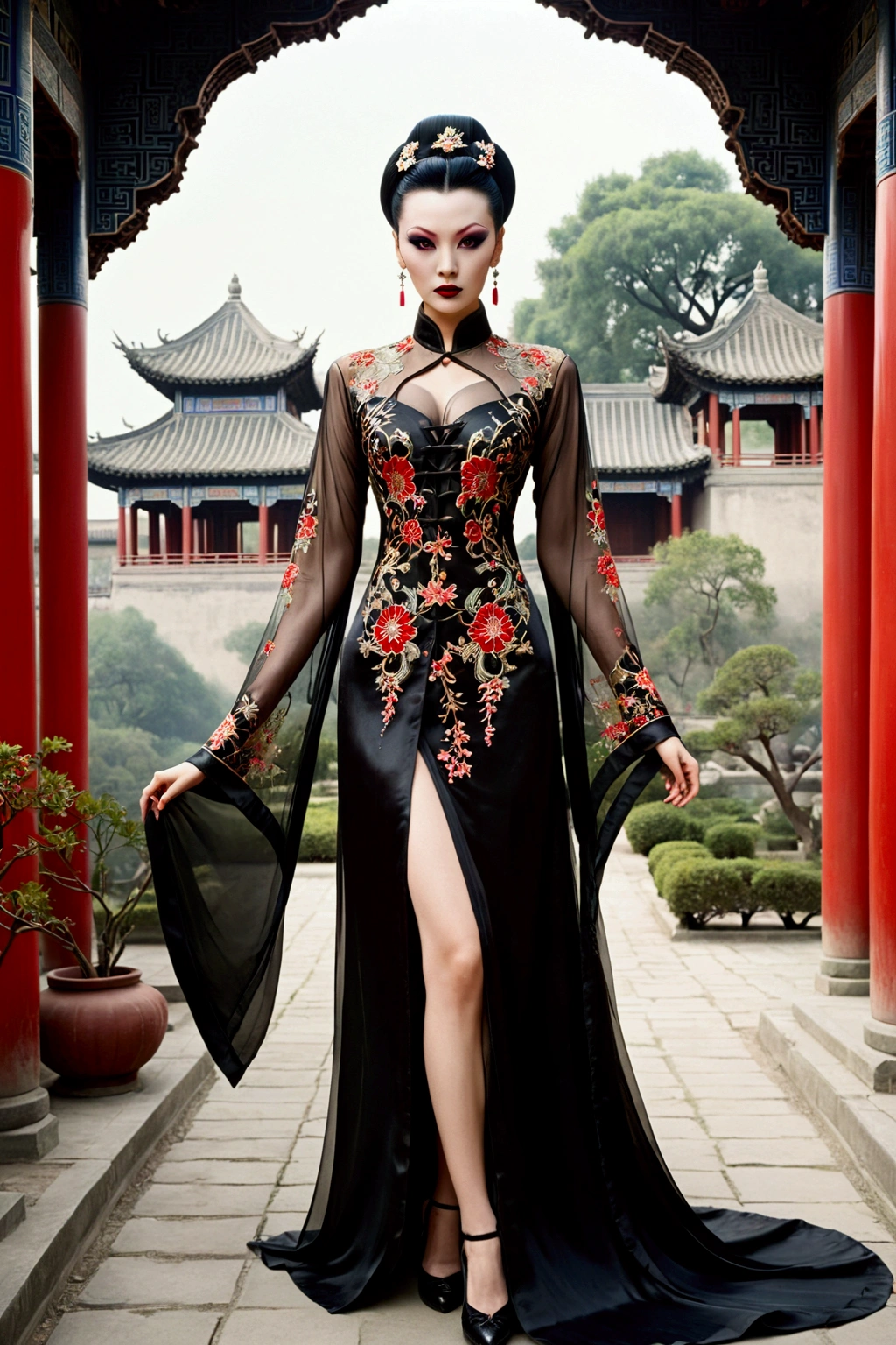 1 woman (Vampira Maila Nurmi, age 25, intricate silk Chinese dress with lots of embroidery sheer with several large slits, no underwear, traditional hairstyle and Chinese makeup) wandering through a palace garden