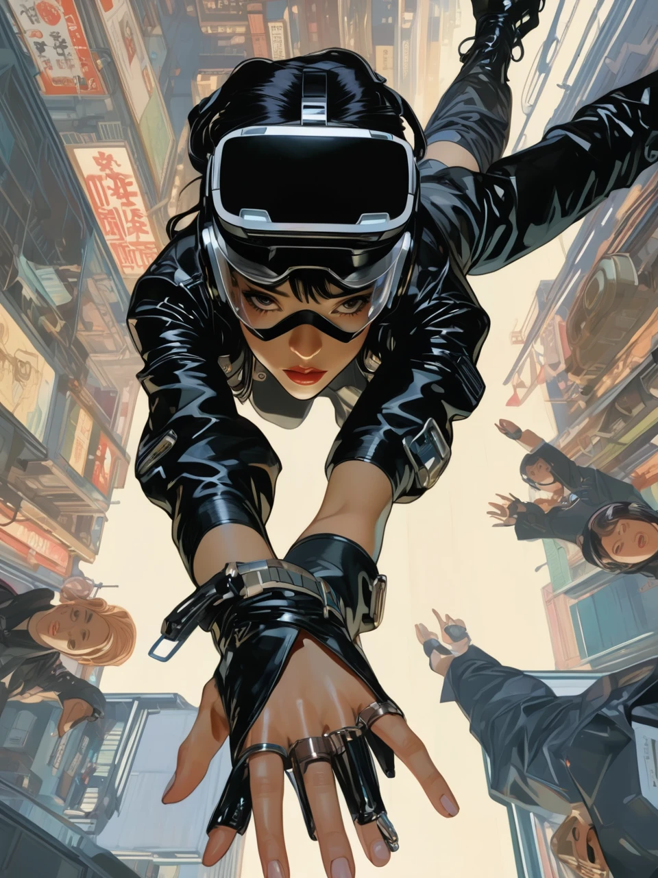 Overhead shot of a Woman in Black Cyberpunk leather, VR Headset, hand reaching out toward viewer, style by J.C. Leyendecker, style by Makoto Shinkai