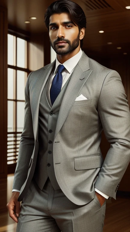 Create an ultra realistic a full body head to toe image of an extremely attractive handsome 30 year old only beared man exuding confidence and professionalism in his attire. he should have sharp features, mesmerizing hazel eyes, and a symmetrical face that radiates grace. The background should be dark. The man should be dressed in impeccable stylish professional attire that showcases his style and competence. Capture the essence of his determination, intelligence, and poise, making him the epitome of a successful and empowered Indian man in the corporate world.