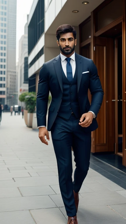 Create an ultra realistic a full body head to toe image of an extremely attractive handsome 30 year old only beared man exuding confidence and professionalism in his attire. he should have sharp features, mesmerizing hazel eyes, and a symmetrical face that radiates grace. The background should be dark. The man should be dressed in impeccable stylish professional attire that showcases his style and competence. Capture the essence of his determination, intelligence, and poise, making him the epitome of a successful and empowered Indian man in the corporate world.