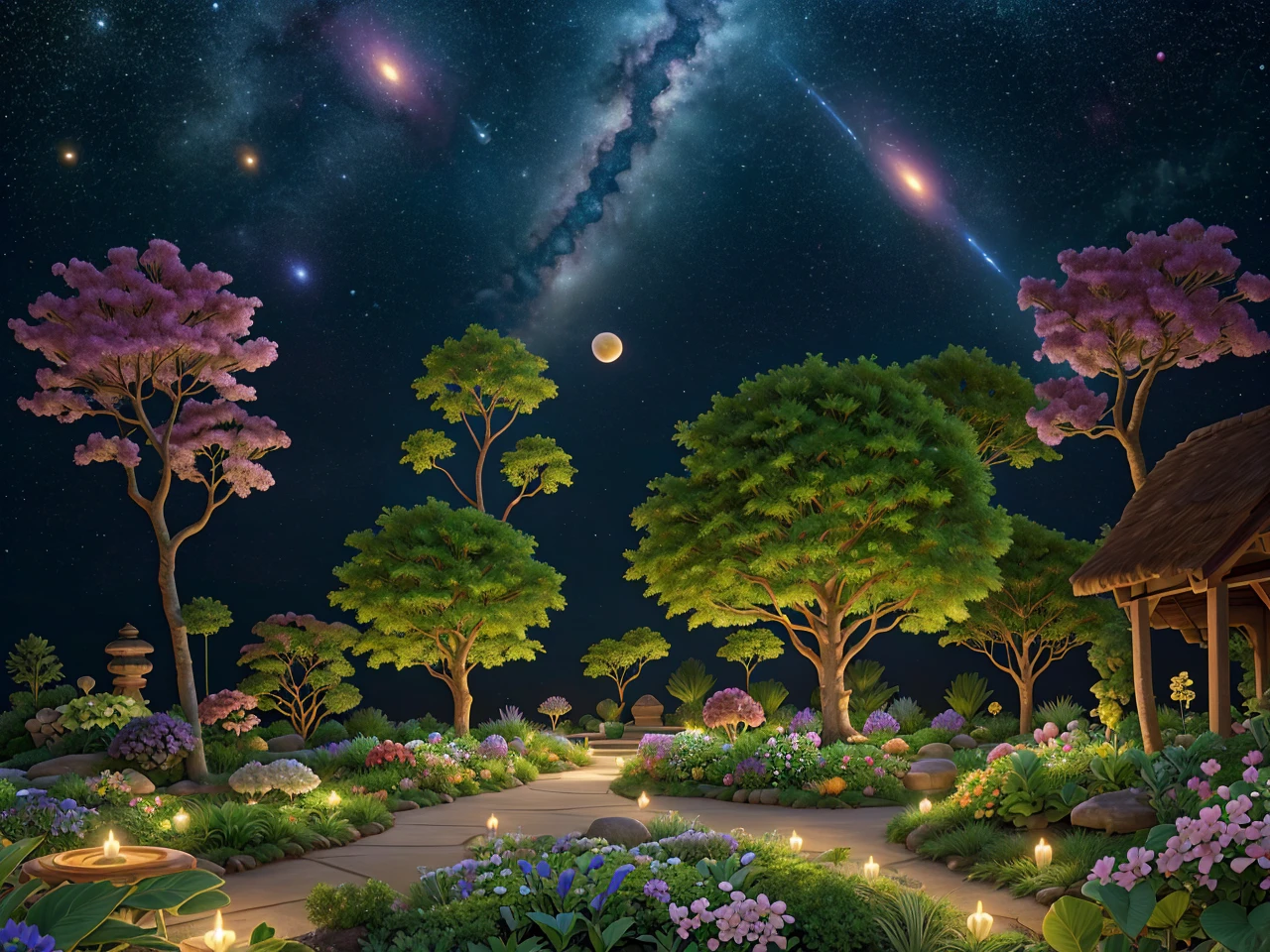 A loin ,Garden in Space: A tranquil garden suspended in the vacuum of space, with exotic plants and flowers blooming against the backdrop of stars and distant galaxies.