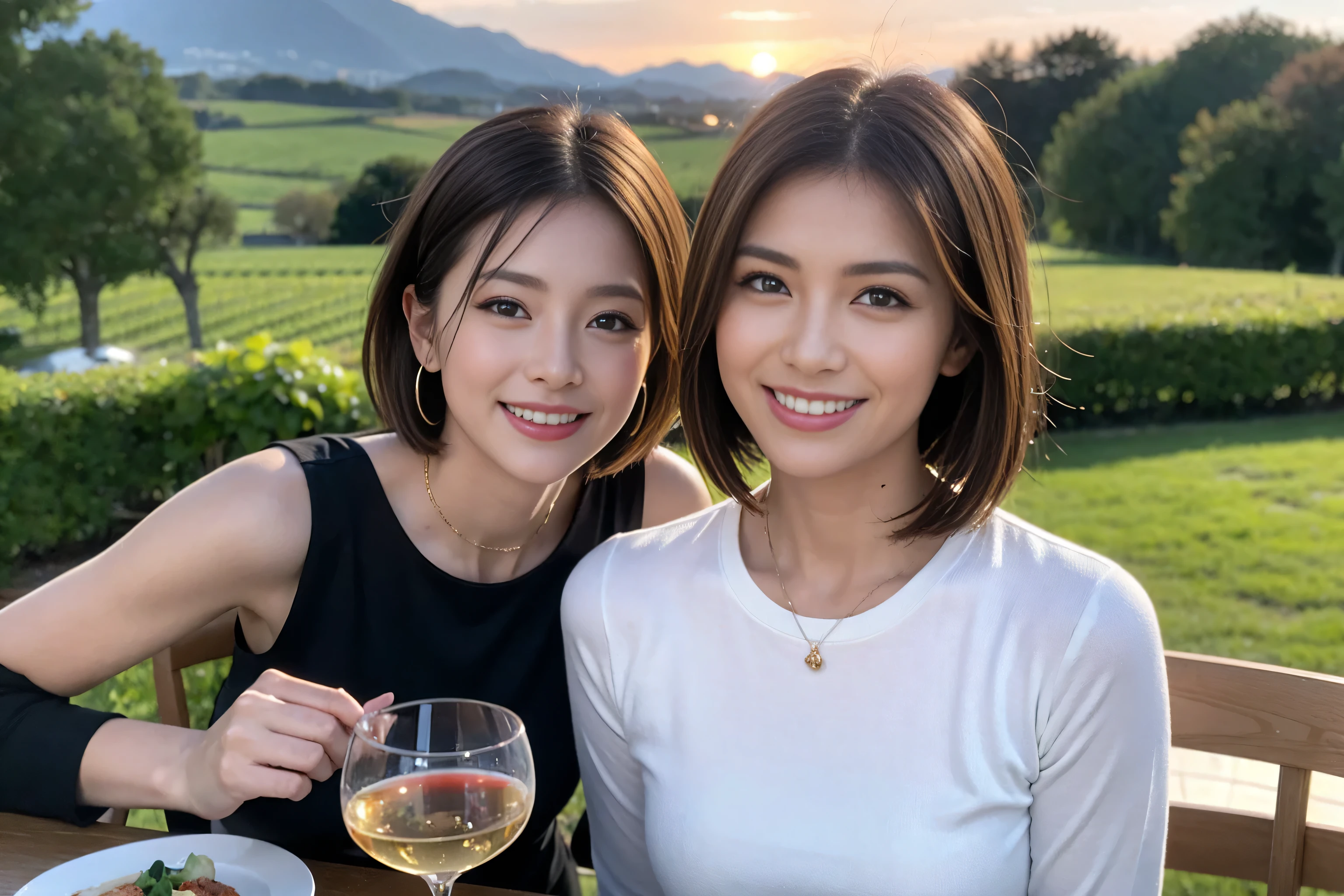(Realistic:1.1),(masterpiece,Highest quality),8k,(49 years old), 47 years old, slimカップル、Model Couple、actress/actor、Tight waist,Upper Body,full-course dinner、wine 、Amazing view of the sunset sky and clouds、Perfect Anatomy, Brown Hair, short hair,Random Hairstyles,((Highly detailed face and eyes:1.2)),Perfect golden ratio face,Long sleeve shirt、dress,(smile:1.2)、Shortcuts、cute、(Realistic, Intricate details:1.2), A bright smile、short hair,Bright Face、赤wine 、Appetizers、Italian food、wine bottle、Champagne、スパークリングwine、(slimな顔), (The body is slim), (Brown Hair), (Shortcuts), Upper Body, 白wine, slim, wineグラス,