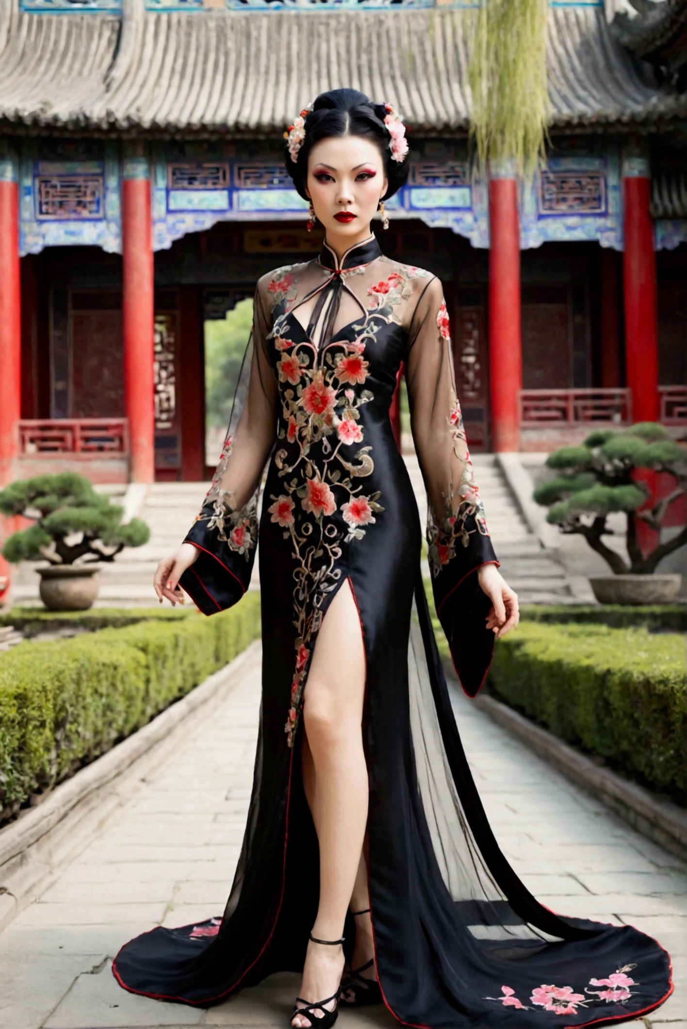 1 woman (Vampira Maila Nurmi, age 25, intricate silk Chinese dress with lots of embroidery sheer with several large slits, no underwear, traditional hairstyle and Chinese makeup) wandering through a palace garden
