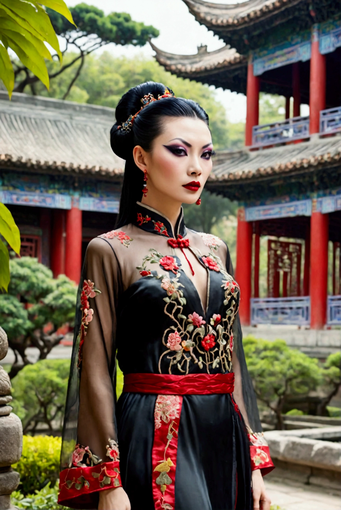 1 woman (Vampira Maila Nurmi, age 25, intricate silk Chinese dress with lots of embroidery sheer with several large slits, no underwear, traditional hairstyle and Chinese makeup) wandering through a palace garden