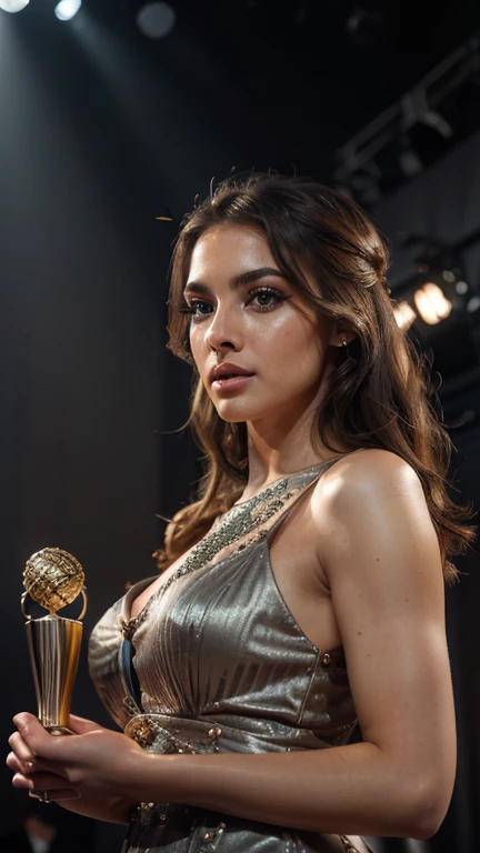 A woman winning an award, beautiful detailed eyes, beautiful detailed lips, extremely detailed eyes and face, long eyelashes, elegant dress, holding an award, award ceremony, on stage, spotlight, award-winning moment, cinematic lighting, dramatic lighting, studio lighting, highly detailed, photorealistic, 8k, hyper-realistic, muted colors, warm tones, award ceremony background