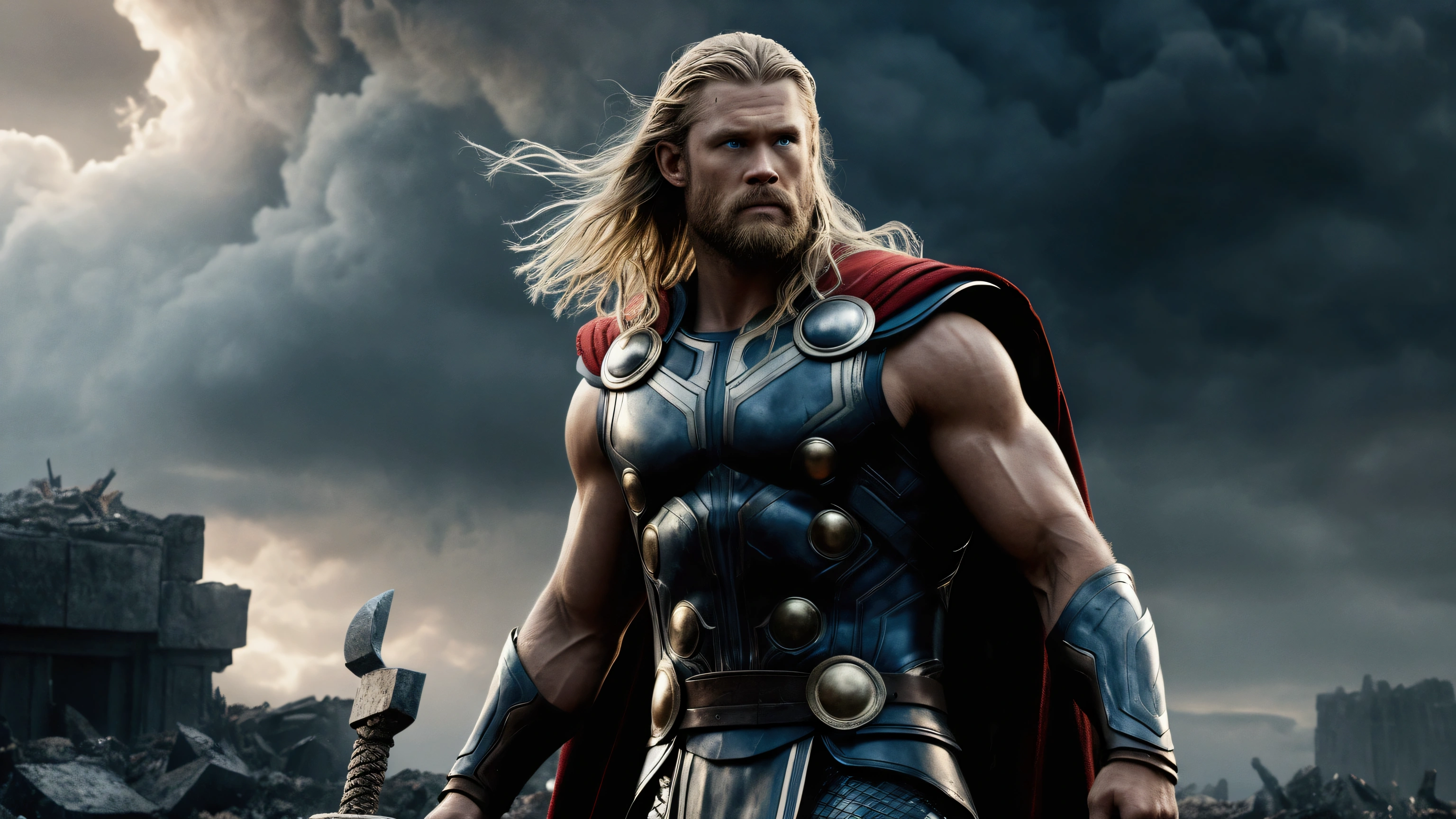 a dead norse god thor, extremely detailed, hyperrealistic, dramatic lighting, moody atmosphere, cinematic composition, muscular body, long blonde hair, serious expression, fallen hero, epic scale, volumetric fog, dramatic cloud formations, decaying ruins, cracked earth, shafts of light, chiaroscuro, gritty, muted color palette, (best quality,4k,8k,highres,masterpiece:1.2),ultra-detailed,(realistic,photorealistic,photo-realistic:1.37)