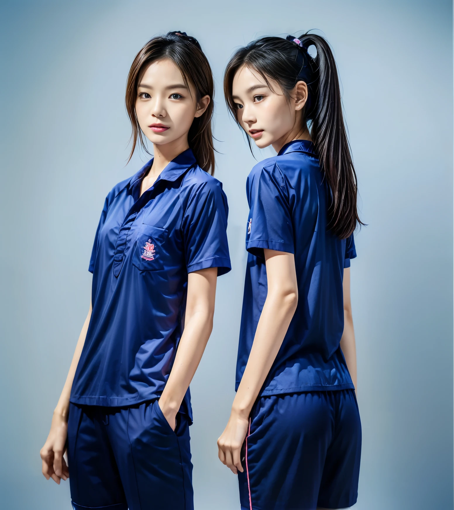 (best quality,10,10,height,Masterpiece:1.2),Special details,(realistic,ภาพrealistic,Realistic photos:1.37),1 Cute girl in the kitchen,shiny, ผิวshiny,only,smile softly,BDclothelue shirt:1.3)),short sleeve,shirt, กางเกงขาlong.,(navy_long_track pants:1.1), ((Kitchen Background)),Dynamic angle,excited,Face focus,dynamic poses,from behind,focus on ass,Masterpiece, best quality, ultra realistic, hyper detail, 8k resolution, raw photos, Sharp focus, ((Navy blue shirt:1.1)), short sleeve, เส้นทางlong, perfect body, 2 mature women, 18 years old, Cinema-grade lighting system,blue sweatpants,shirtผ้าออกกำลังกาย,correct anatomy,perfect body, correct body, Sharp face, correct bodyทางกายวิภาค, full body, realistic gestures, long-haired, realistic poses,Wear long shorts...........................,ช่วงขาlong,Good shape,carved girl, Slender figure, model, Good shape, beautiful body,blue sweatpants, two girls kissing