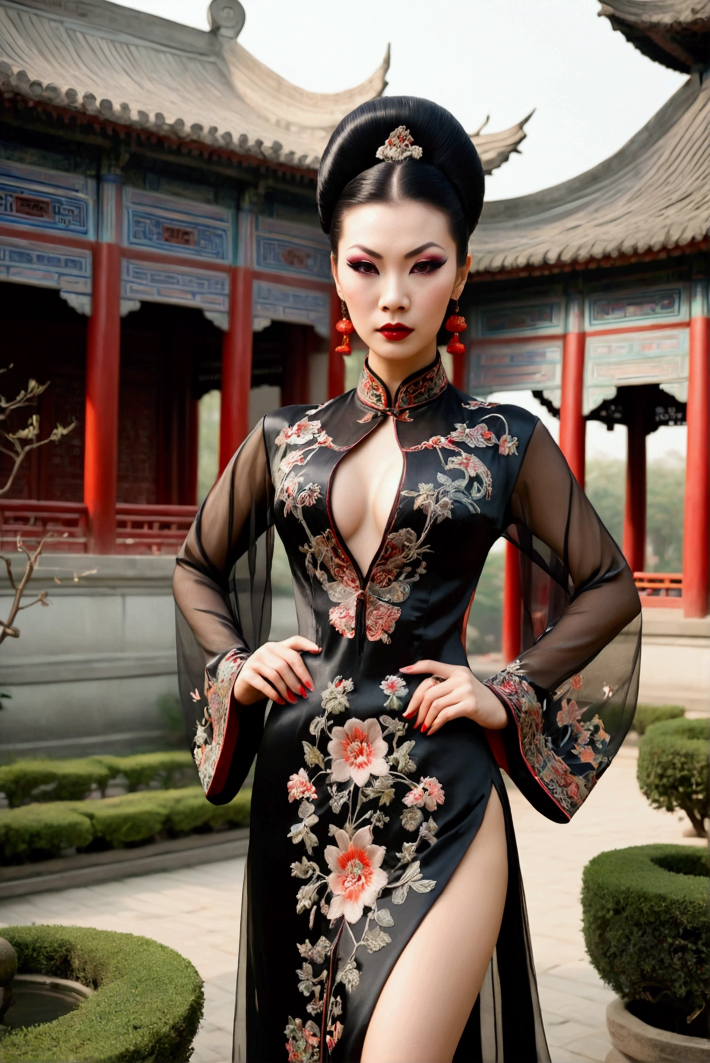 1 woman (Vampira Maila Nurmi, age 25, intricate silk Chinese dress with lots of embroidery sheer with several large slits, no underwear, traditional hairstyle and Chinese makeup) wandering through a palace garden
