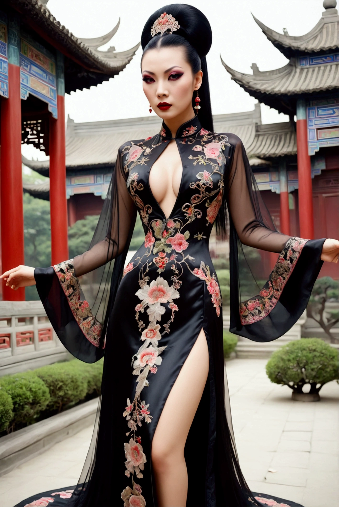 1 woman (Vampira Maila Nurmi, age 25, intricate silk Chinese dress with lots of embroidery sheer with several large slits, no underwear, traditional hairstyle and Chinese makeup) wandering through a palace garden
