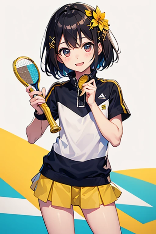 Highest quality、Black Hair、Iris、short hair、girl、cute、16 years old、、Small hair ornament、1 person、Tennis Wear、Holding up the trophy、Happy expression、Gold medal around one&#39;s neck
