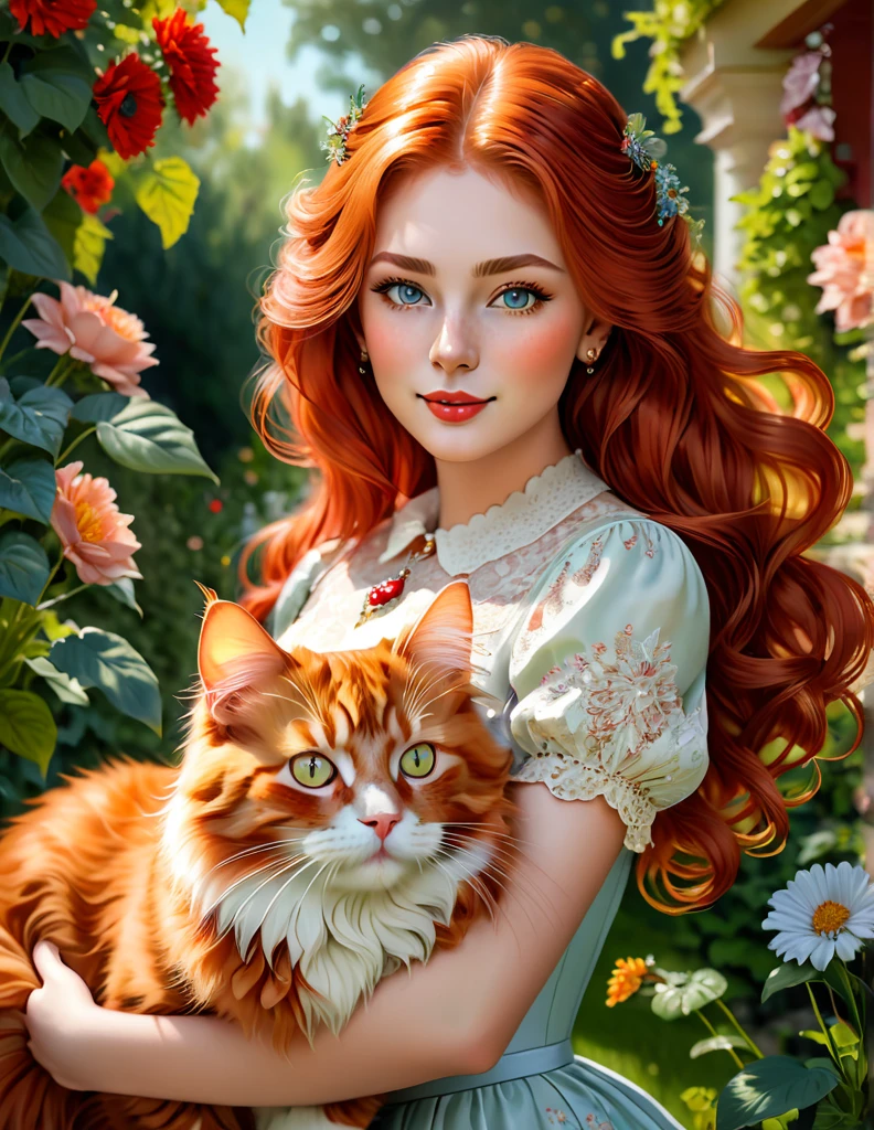 red-haired girl [Elizabeth II:Maude Adams:0.45] with a full sized  red mainecoon cat, (best quality, masterpieces, ultra-detailed), beautiful detailed eyes, beautiful detailed lips, longeyelashes, vibrant colors, illustrative style, oil painting texture, flowing red hair, cozy garden background, soft sunlight, lively expression, joyful interaction with the cat, dynamic pose, realistic rendering.