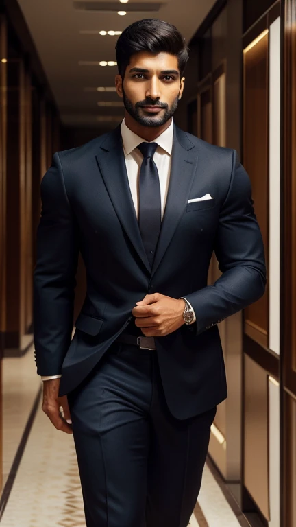 Create an ultra realistic a full body head to knee image of an extremely attractive handsome 30 year old only beared man exuding confidence and professionalism in his attire. he should have sharp features, mesmerizing hazel eyes, and a symmetrical face that radiates grace. The background should be dark. The man should be dressed in impeccable stylish professional attire that showcases his style and competence. Capture the essence of his determination, intelligence, and poise, making him the epitome of a successful and empowered Indian man in the corporate world.