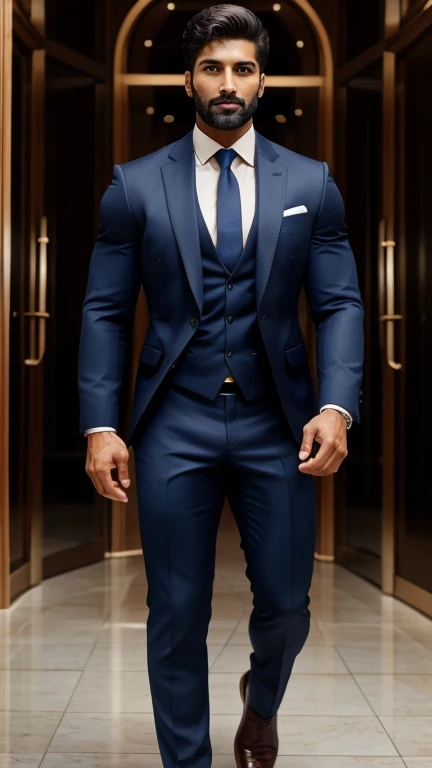 Create an ultra realistic a full body head to knee image of an extremely attractive handsome 30 year old only beared man exuding confidence and professionalism in his attire. he should have sharp features, mesmerizing hazel eyes, and a symmetrical face that radiates grace. The background should be dark. The man should be dressed in impeccable stylish professional attire that showcases his style and competence. Capture the essence of his determination, intelligence, and poise, making him the epitome of a successful and empowered Indian man in the corporate world.