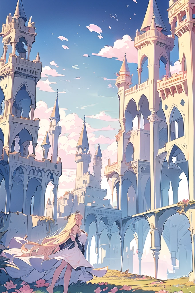 (Extremely detailed floating city:1.3), ((1 detailed mirage-castle floats above the clouds)and(Detailed floats minarets illusion, detailed floats belfry illusion)and(Highly transparent mirage)and(Detailed view of the base of the Mirage castle)),ultra-detailed,extremely detailed and beautiful, sky and white cloud and sunset glow background,ultra-detailed birds, (floating city in bloom, Floating petals, blooming gardens in the sky,  many vines on the wall:1.2)
Imagination, dream
/=
1 girl, (1 girl at floating city:1.3), (solo), (Super wide Angle lens), (back), behind head, white dress, (full body), (bare feet), (Backless dress), the girl away from camera, Holy Light,