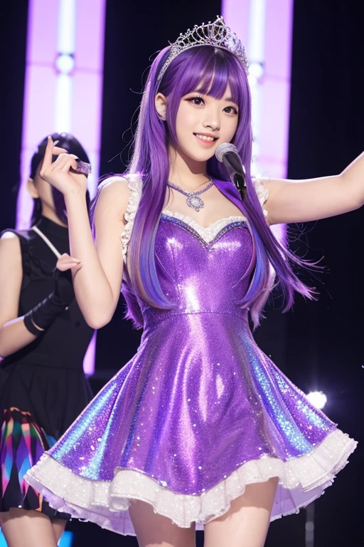 Idol、high school student、Purple long dress、tiara、Rainbow hair、Half Up、sing、dance