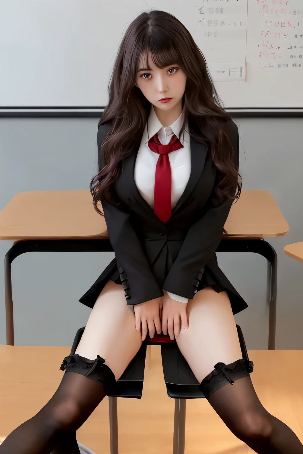 Black suit、bluck Tight Skirt、black high stockings、Red Garter Belt、Sitting at the Teaching Table、Spread your legs wide、Red lace panties visible from between the legs, School classroom、female teacher、Support your body with both hands and lean back、dark brown eyes and hair color, wavy long hair , kneel up, looking at camera