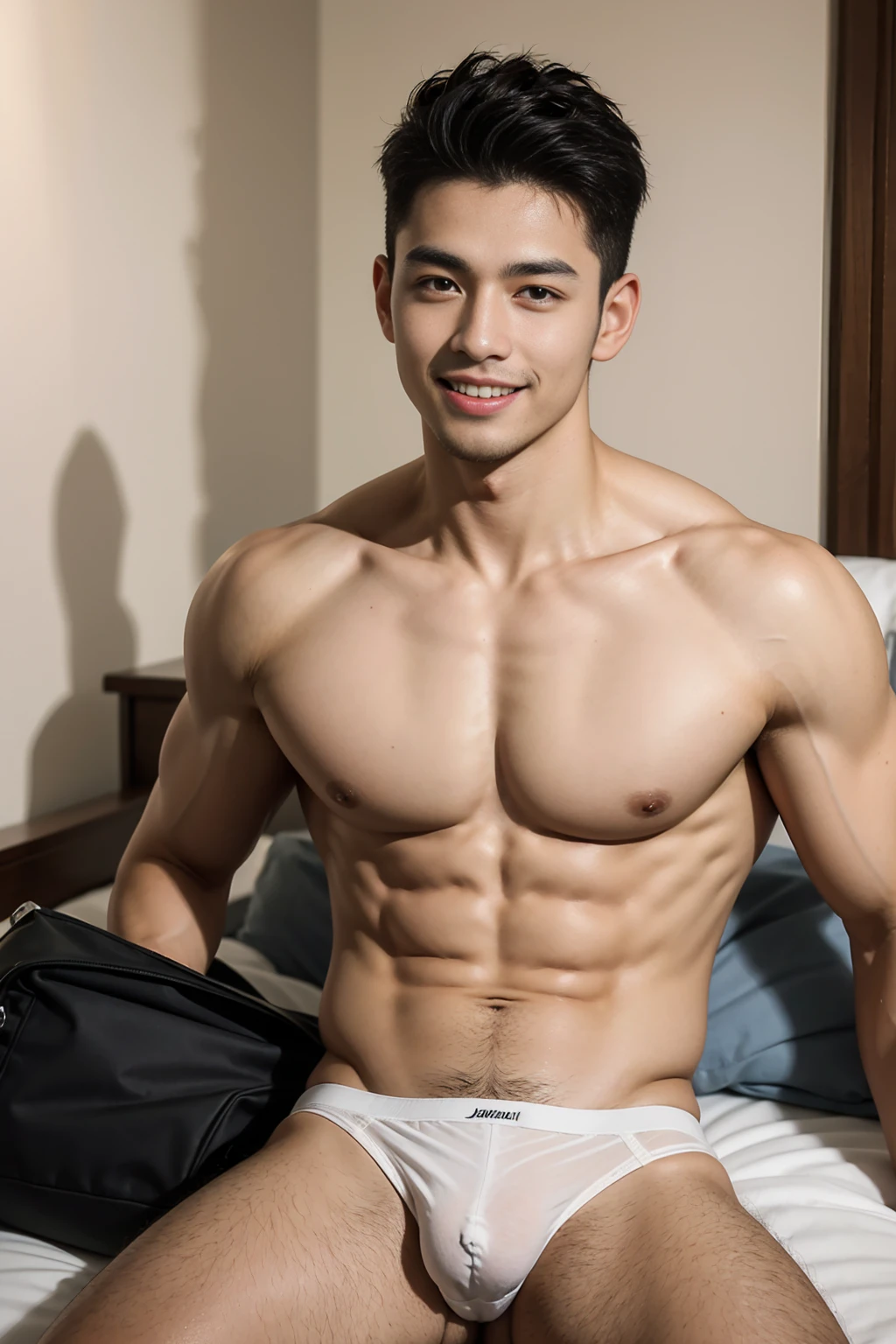 Ultra wide angle,italian 25yo guy , dark short hair with fade, muscular man, Appearance ,wearing only white transparent micro thong underwear,Excellent j8,Big bag highlights,confident expression,Sharp jawline,vibrant skin,smiling,handsome face,Lying in bed,bedroom,professional studio lighting,realistic,In Ferrari, photorealistic:1.37,portrait,vivid colors,cool tone,soft lighting,smiling,The sight that welcomes me