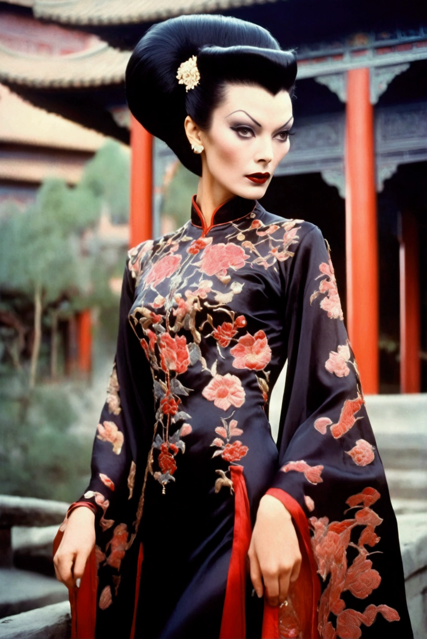 1 woman (Vampira Maila Nurmi, age 25, intricate silk Chinese dress with lots of embroidery sheer with several large slits, no underwear, traditional hairstyle and Chinese makeup) wandering through a palace garden