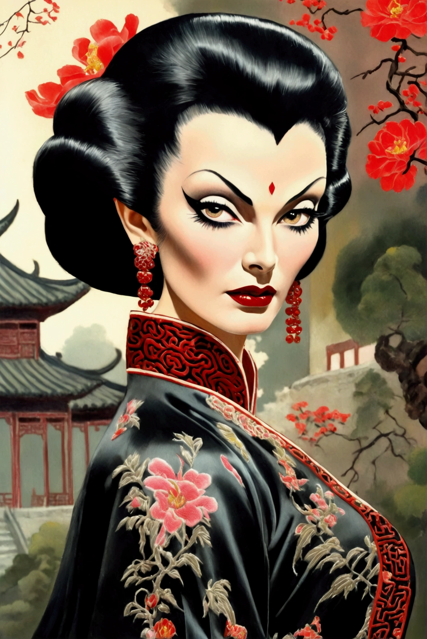 1 woman (Vampira Maila Nurmi, age 25, intricate silk Chinese dress with lots of embroidery sheer with several large slits, no underwear, traditional hairstyle and Chinese makeup) wandering through a palace garden