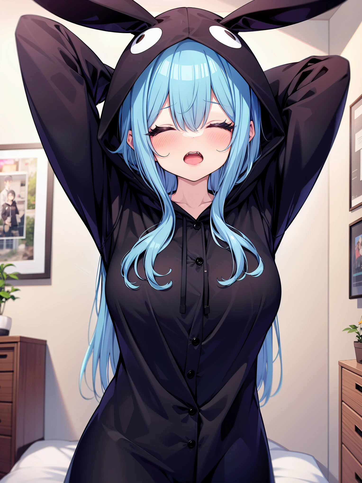 sfw, (cowboy shot), (colorful), (ultra-high resolution, depth of field:1.2), 1woman, light blue hair, messy hair, closed eyes, medium breasts, animal ears, bunny ears, hood, hoodie, animal hood, animal costume, bunny hood, bunny costume, pajamas, yawning, arms up, laying on bed, bedroom