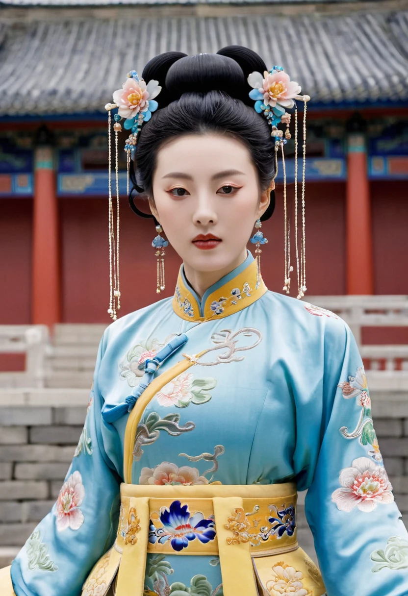 The Qing Dynasty Empress, standing in front of the crowd, had a large chest, thick hair, and hair from her lower abdomen. Her hair was tied up and pulled up, with a gorgeous flower ornament on both sides.、A perverted, erotic woman wearing the crown of a Qing Dynasty empress. The background is the stone paving of a Chinese palace during the Qing Dynasty.