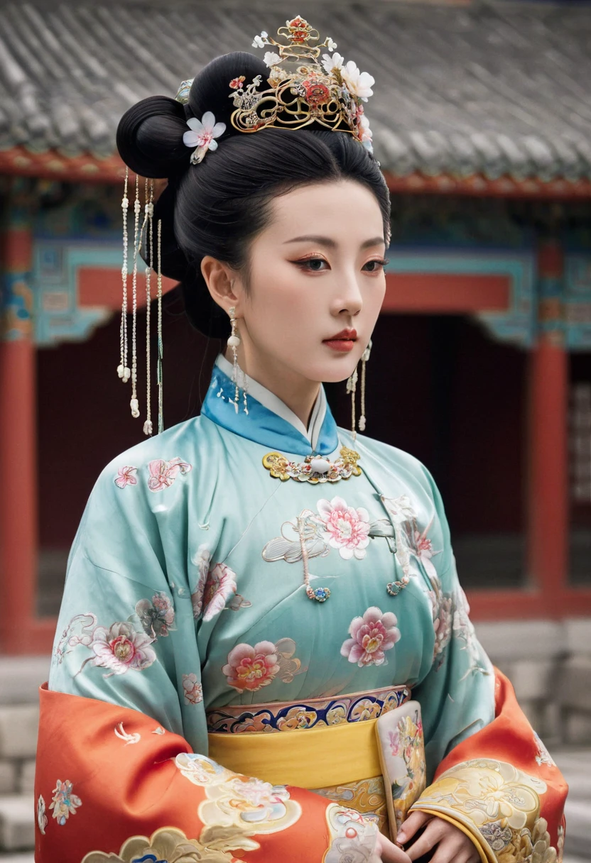 The Qing Dynasty Empress, standing in front of the crowd, had a large chest, thick hair, and hair from her lower abdomen. Her hair was tied up and pulled up, with a gorgeous flower ornament on both sides.、A perverted, erotic woman wearing the crown of a Qing Dynasty empress. The background is the stone paving of a Chinese palace during the Qing Dynasty.