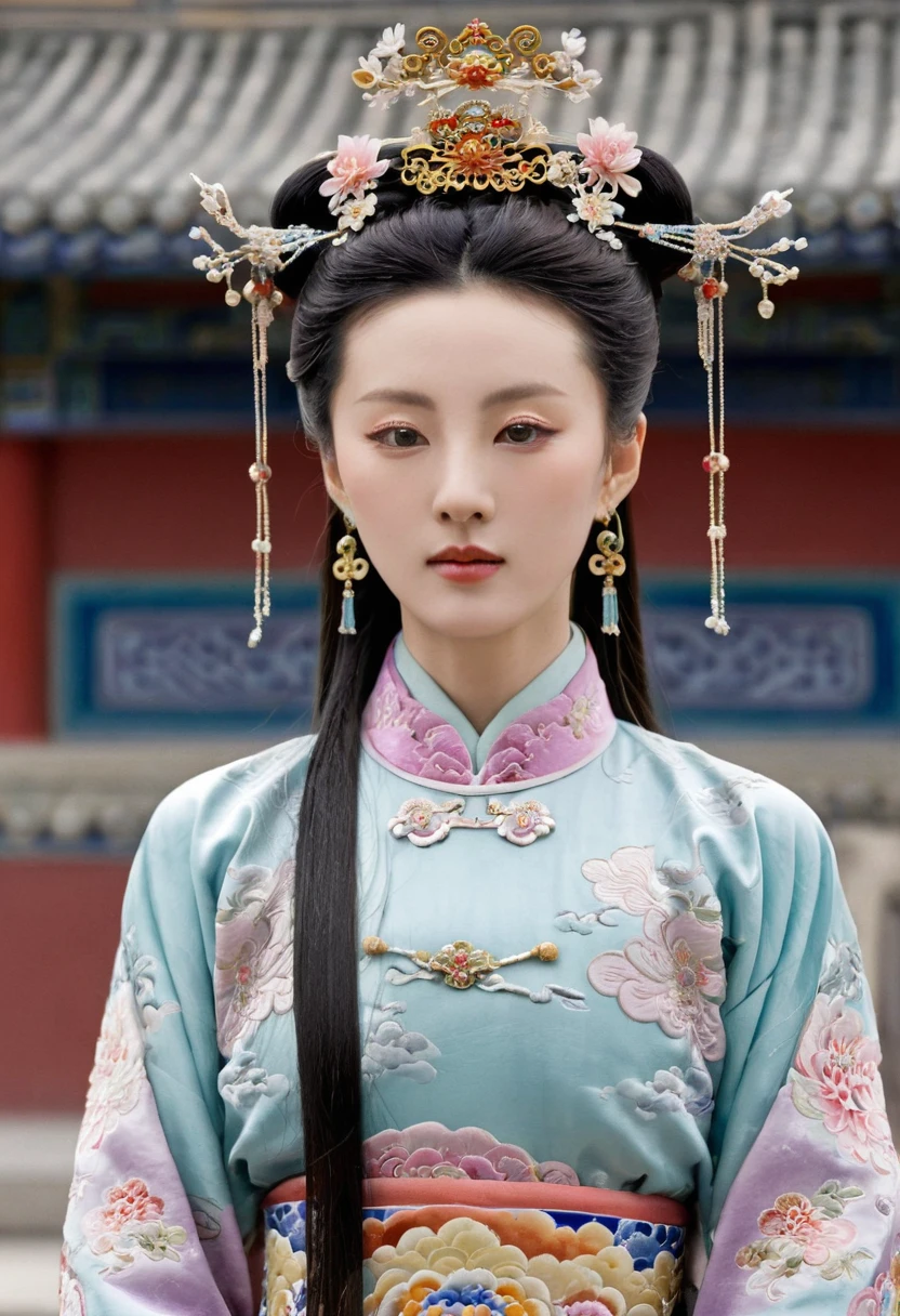 A front view of the Qing Dynasty Empress with her legs spread apart, showing her large chest. A naked Qing Dynasty Empress with a crown on, showing her stomach, thighs and feet from below.。She is completely naked, showing off her gorgeous large flowers and hairpins, her hair tied up and pulled up, and the background is the stone paving of the Chinese palace of the Qing Dynasty.