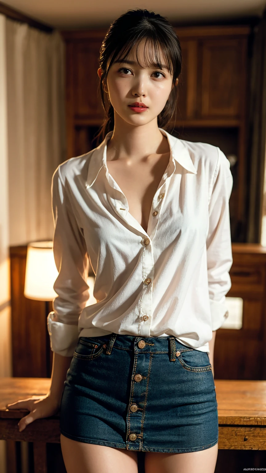 1girl, woman, masterpiece, best quality, highest quality, cinematic lighting, (volumetric lighting), extremely detailed CG unity 8k wallpaper, focused, 8k wallpaper, extremely detailed, ultra realistic, photorealistic, sharp focus, absurdres, (HDR:1.2), (high contrast), photograph, detailed and intricate, instagram, portrait, highly detailed, digital painting, artstation, concept art, smooth, sharp focus, illustration, cinematic lighting, (whole body:1.2), white collar shirt, open shirt, open the button, show thigh, short skirts, cowboy pose, looking at the viewer.
